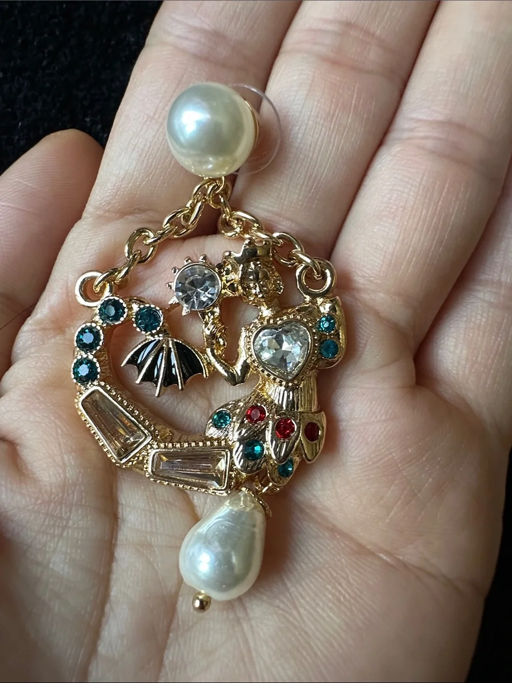 Kenneth Jay Lane Gold-tone Multicolor Mermaid Drop Earrings with Pearl Drops - Picture 3 of 4